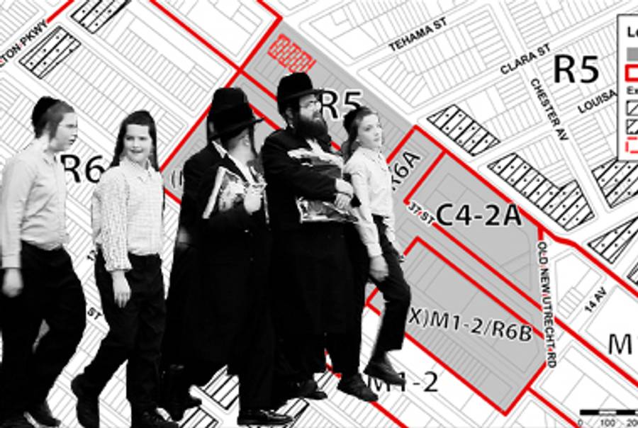 Ultra-Orthodox Jews and the Culver El Estates development.(Collage: Tablet Magazine; hasidim photo: Flickr/Ismael Alonso; map: NYC Department of City Planning)