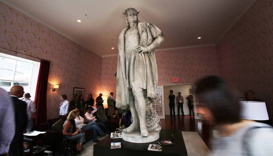 Christopher Columbus in Tatzu Nishi’s installation ‘Living Room,’ Columbus Circle, New York City, Sept. 20, 2012