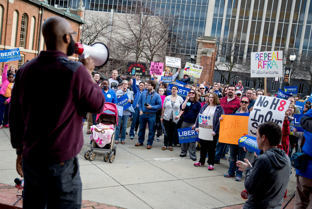 Demonstrators gather outside the City County Building on March 30, 2015, in Indianapolis.(Aaron P. Bernstein/Getty Images)