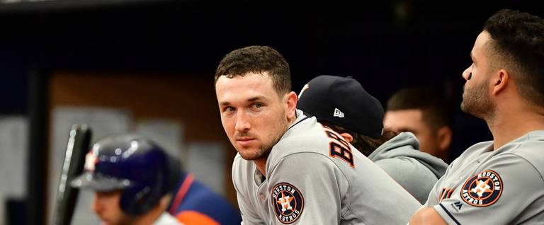 Alex Bregman of the Houston Astros looks on against the Tampa Bay Rays during the sixth inning in Game Three of the American League Division Series at Tropicana Field on October 07, 2019 in St Petersburg, Florida.