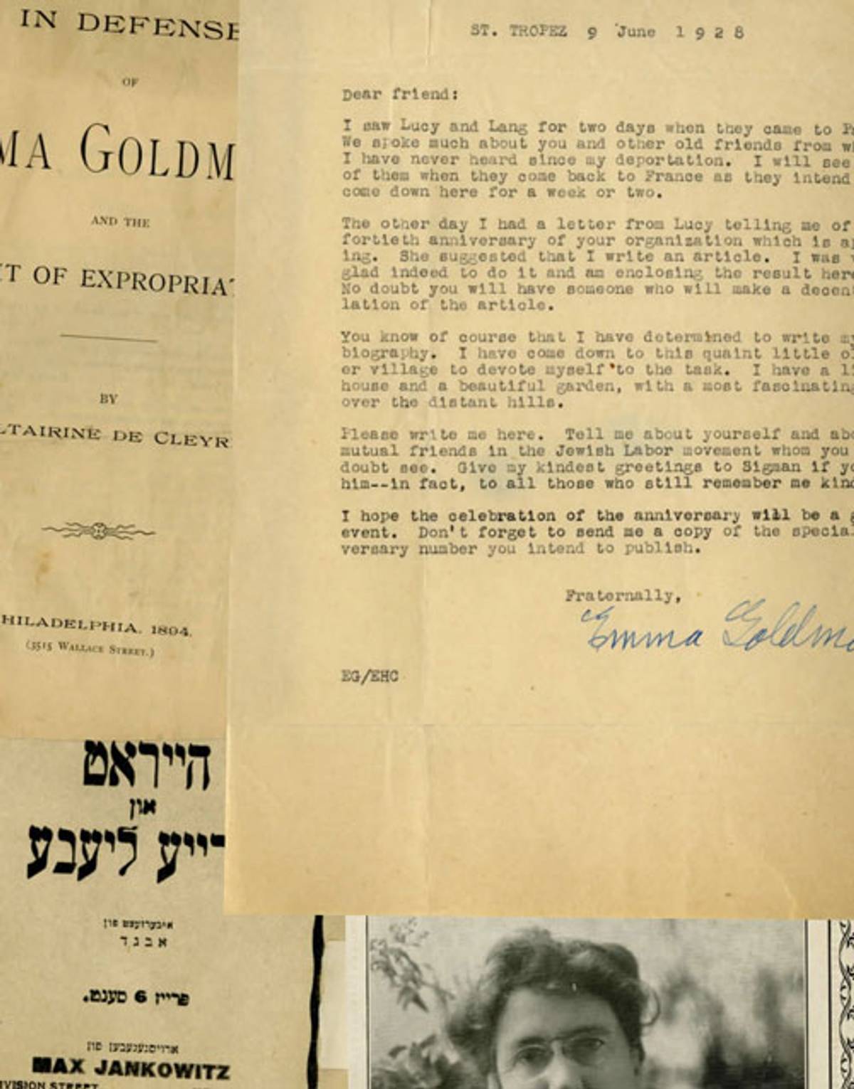 Clockwise from top right: A 1928 letter from Emma Goldman to a colleague; undated pamphlets by Goldman; pamphlet for an 1894 lecture in defense of Goldman (Photo courtesy YIVO Institute, New York)