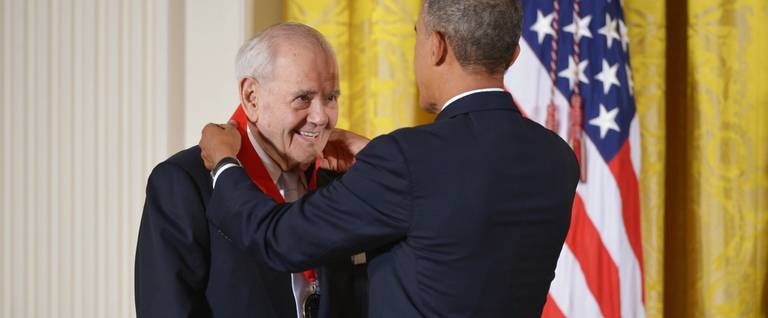 President Barack Obama presents the 2012 National Humanities Medal to editor Robert B. Silvers during a ceremony in the East Room of the White House on July 10, 2013 in Washington, DC. 