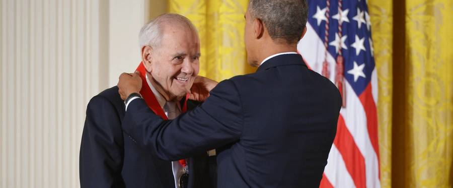 President Barack Obama presents the 2012 National Humanities Medal to editor Robert B. Silvers during a ceremony in the East Room of the White House on July 10, 2013 in Washington, DC. 