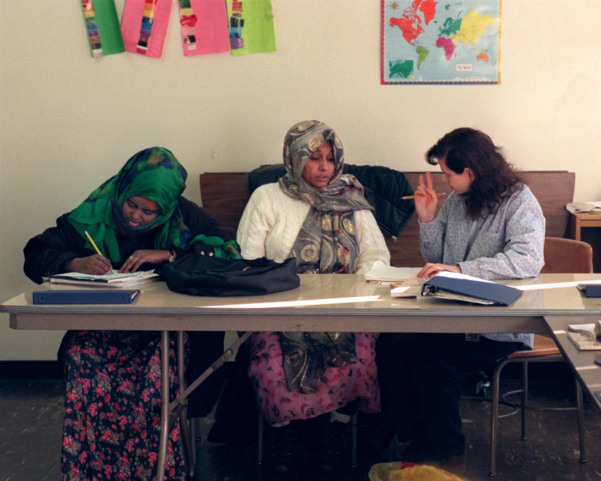 Somali women take lessons at the International Institute of Minnesota in St. Paul, 2000