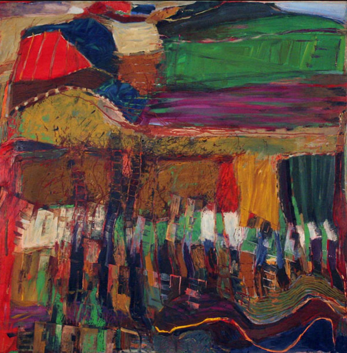 ‘Landscape of the River Sola,’ a 1966 painting depicting The Sola, which flows beside Auschwitz. Pachner considered it his finest work. (Courtesy the Pachner family)