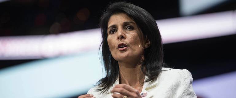 US Ambassador to the United Nations Nikki Haley arrives to address the American Israel Public Affairs Committee (AIPAC) policy conference in Washington, D.C., March 27, 2017.