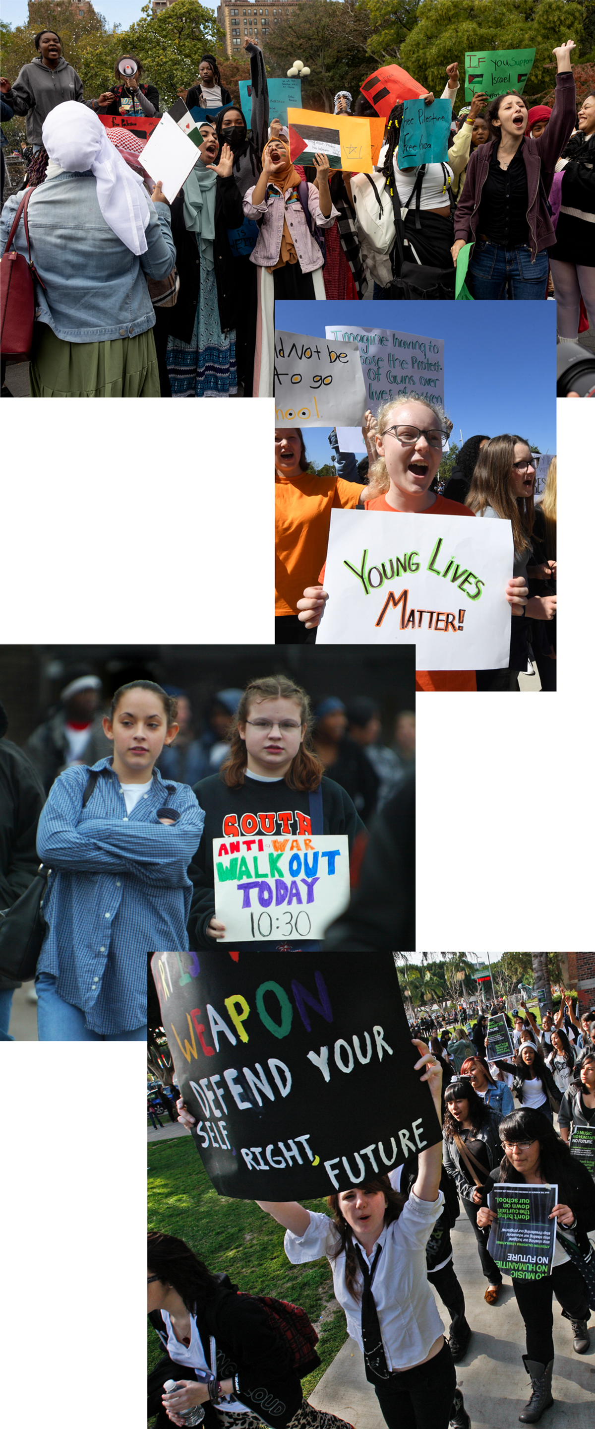 From top: A student walkout to protest the Israeli bombardment of Gaza, Oct. 25, 2023, in Washington Square Park in New York City; students from the Santa Monica, California, area participate in a walkout demonstration as part of the National School Walkout for Gun Violence Prevention campaign on April 20, 2018; Minneapolis high school students stage a protest against the Iraq War, 2003; high schoolers in Los Angeles protest budget cuts, 2011