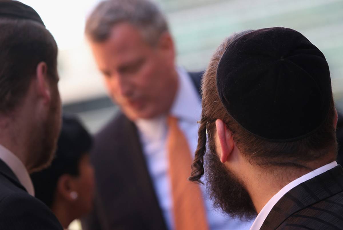 Bill de Blasio attends a press conference outside United Nations Headquarters on Sept. 23, 2013, in New York City. At a media event held by the Jewish Community Relations Council of New York, he and other leaders spoke out urging the Iranian government to halt nuclear enrichment.(John Moore/Getty Images)
