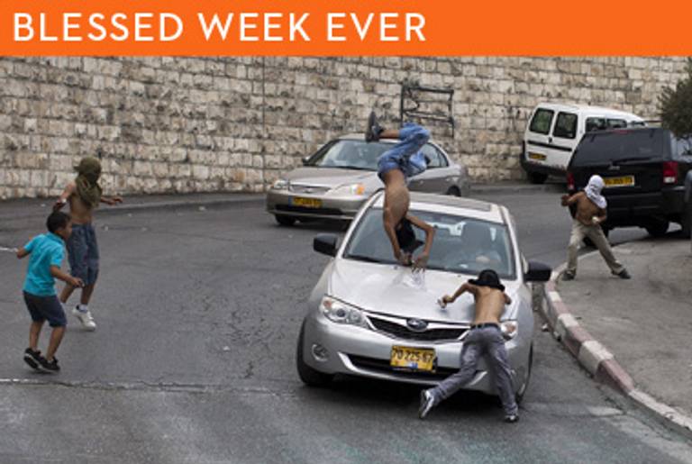 David Be’eri’s car hitting Palestinain youths in the East Jerusalem neighborhood of Silwan on October 8, 2010.(Ilia Yefimovich/AFP/Getty Images)