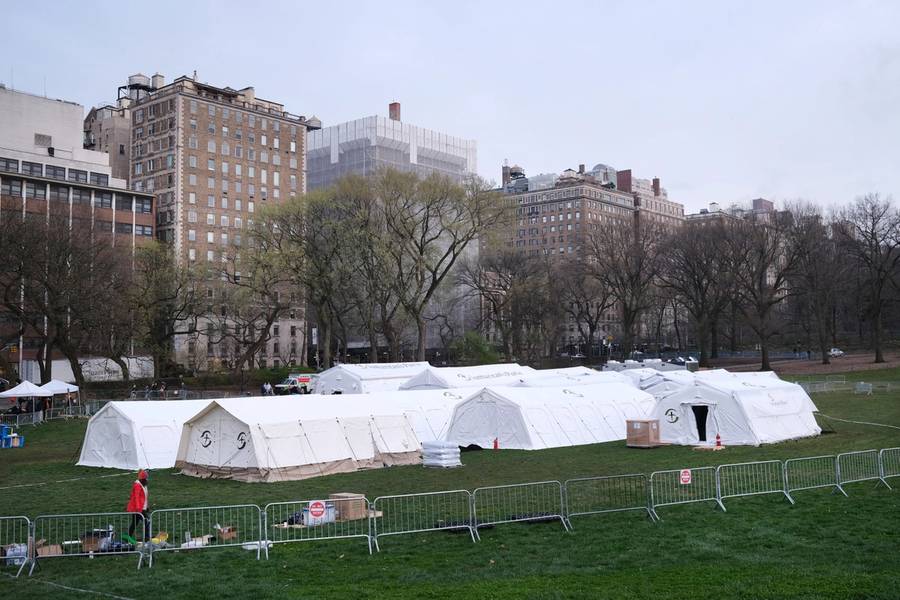 Members of the international Christian humanitarian organization Samaritan's Purse put the finishing touches on a field hospital in New York's Central Park on March 30, 2020. The group has deployed to help combat the coronavirus outbreak in the city.