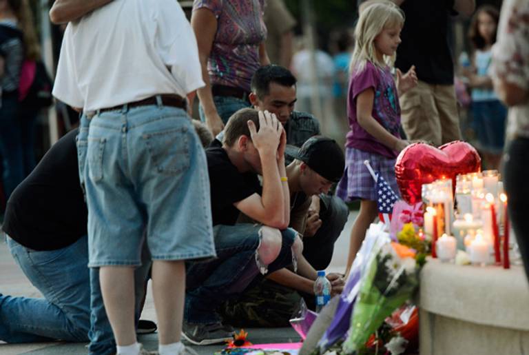 A makeshift memorial for the victims of the mass shooting at Century 16 movie theater, on July 22, 2012 in Aurora, Colo.(Kevork Djansezian/Getty Images)