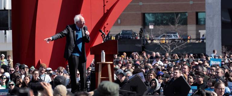 Democratic presidential candidate Sen. Bernie Sanders speaks to supporters and guests during a rally in Calder Plaza on March 8, 2020, in Grand Rapids, Michigan