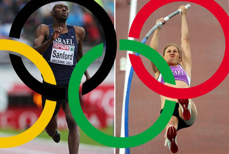 Donald Sanford in the men's 400-meter semifinals of the 21st European Athletics Championships on June 28, 2012, in Helsinki, Finland; Jillian Schwartz in the women's pole-vault final at the same competition on June 30, 2012.(Photoillustration Tablet Magazine; original photos Ian Walton/Getty Images)