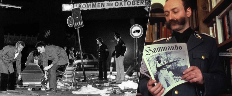Police officers standing at the site of an explosion in an attack that killed 13 people during Oktoberfest in Munich in 1980; Karl-Heinz Hoffmann in 1979.