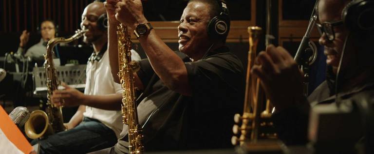Marcus Strickland, Wayne Shorter, and Ambrose Akinmusire in a still from 'Blue Note Records: Beyond the Notes.'