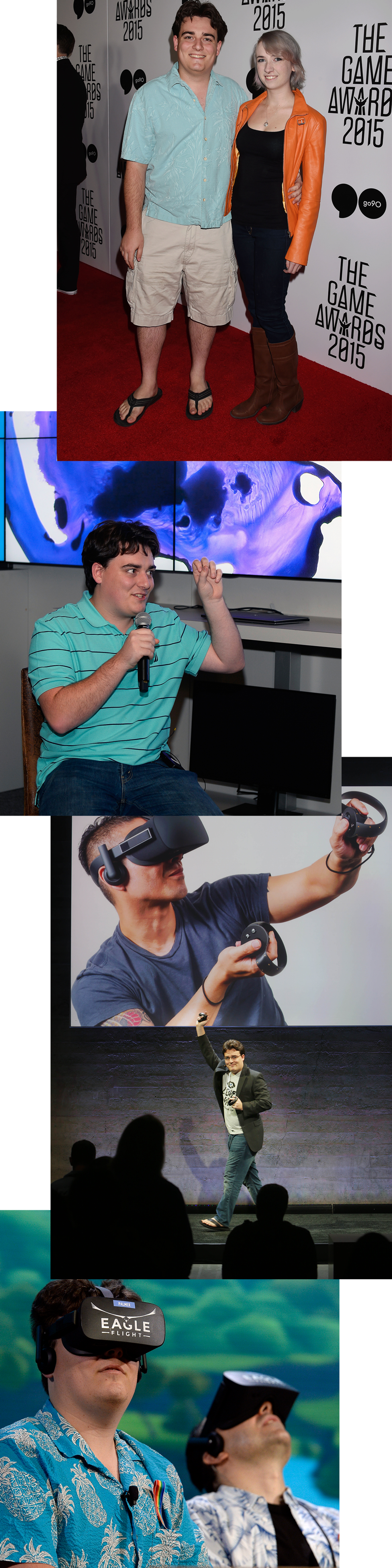 From top: Luckey and Nicole Edelmann at The Game Awards, 2015; at a Dell dinner in Las Vegas, 2016; at a 2015 Oculus VR news conference in San Francisco; at the E3 Gaming Conference in Los Angeles, 2016