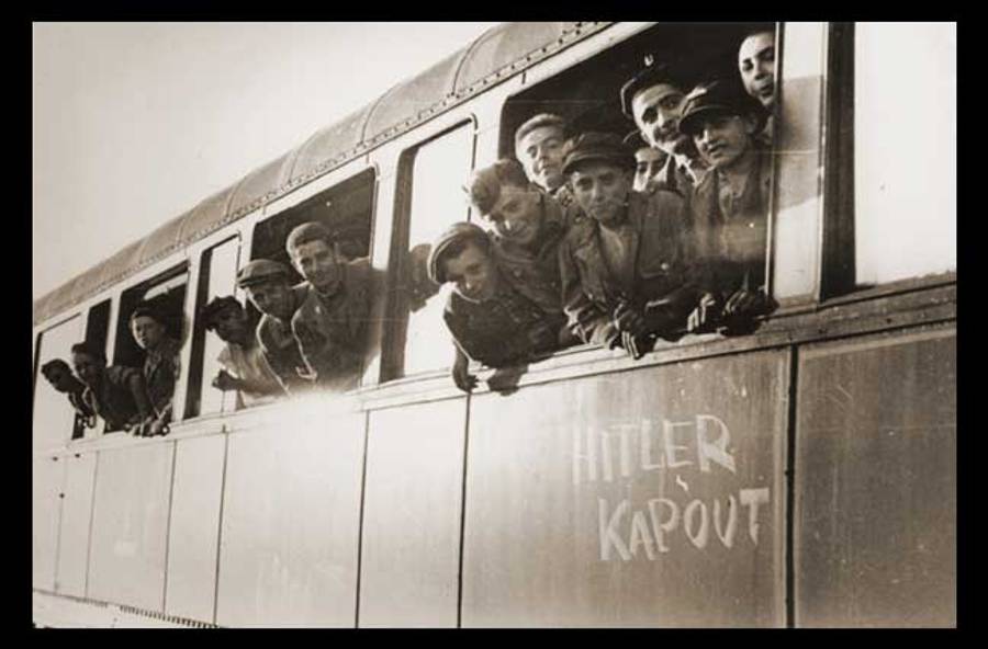 Jewish youth liberated at Buchenwald on a train en route to an OSE home in Ecouis, France
