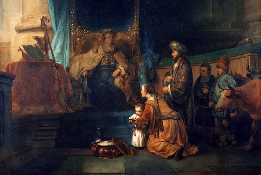 Medieval painting depicting Hannah presenting her son Samuel to the priest Eli, circa 1665. 