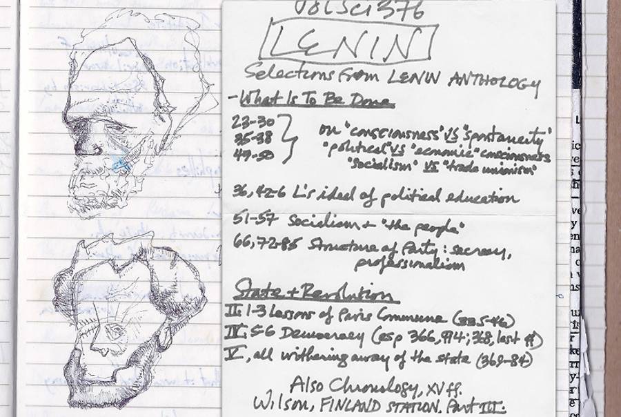 Berman’s syllabus for his 2006 Marxism class at City College, and the author’s notebook from that class, including sketches of Berman.(Courtesy of the author)