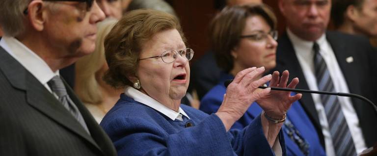 Sen. Barbara Mikulski during a news conference at the U.S. Capitol on February 24, 2015 in Washington, DC. 
