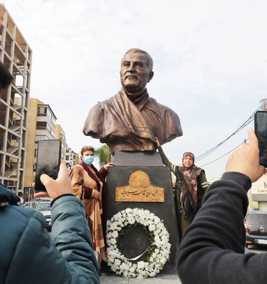 A newly unveiled statue of Qassem Soleimani in the predominantly Shiite Muslim Beirut southern suburb of Ghobeiry, on Jan. 5, 2021