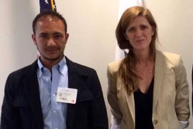 Kassem Eid and then-U.S. Ambassador to the United Nations Samantha Power at the U.S. mission to the United Nations in New York, April 2014.