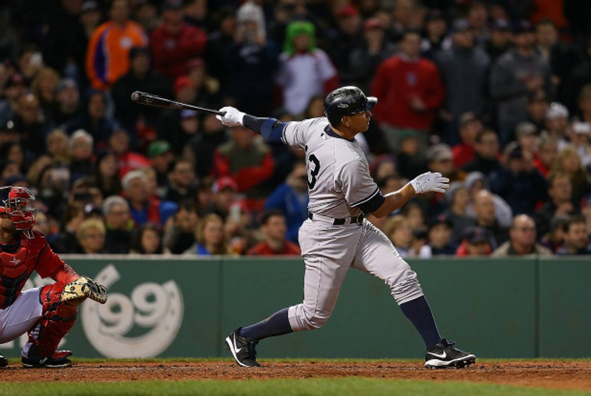 Alex Rodriguez hits his 660th career home run to tie Willie Mays at Fenway Park, May 1, 2015. (Jim Rogash/Getty Images)