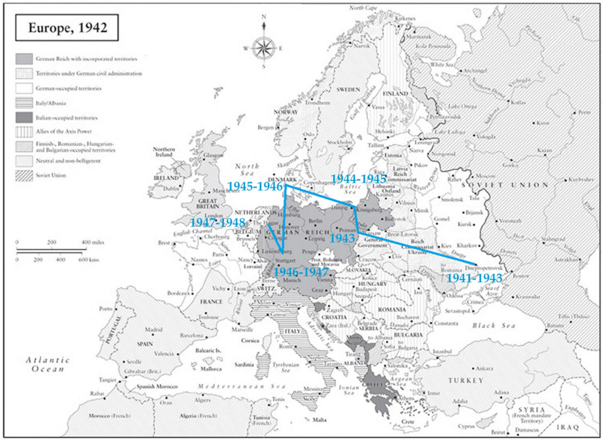 This map shows the movements of Heinrich Hamm and his wife, Anna, from the Nazi invasion of the Soviet Union until their emigration to Canada. They lived in or near Dnepropetrovsk (1941-43), Litzmannstadt (1943), Stutthof (1944-45), several refugee camps in Denmark (1945-46), Birkenfeld (1946-47), and Gronau (1947-48).