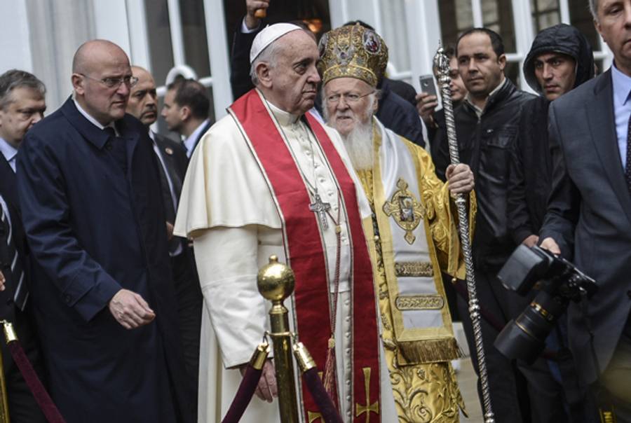 Pope Francis and Ecumenical Patriarch Bartholomew I of Constantinople on November 30, 2014 at the Orthodox Patriarchal Church of St. George in Istanbul. (BULENT KILIC/AFP/Getty Images)