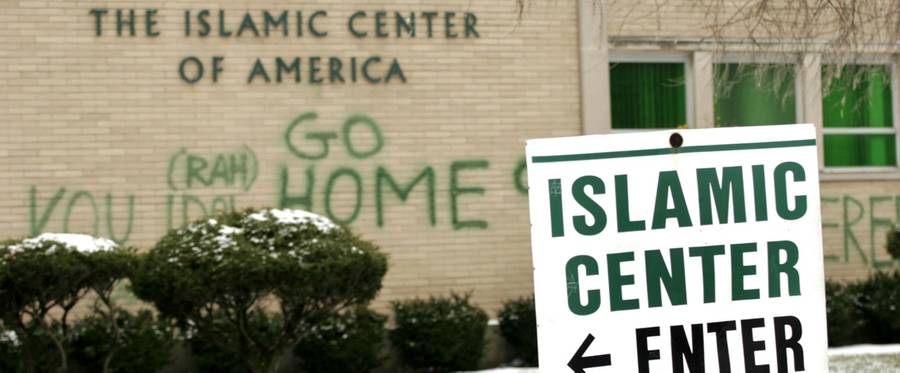 Anti-Muslim graffiti defaces a shi'ite mosque at the Islamic Center of America January 23, 2007 in Dearborn, Michigan.