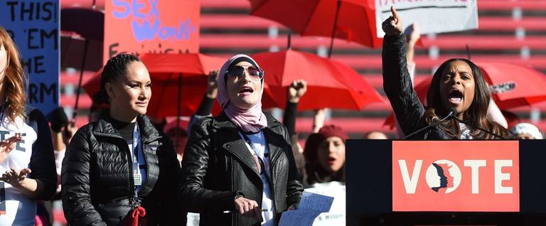 Women's March Co-Chairwomen Bob Bland, Carmen Perez, Linda Sarsour and Tamika D. Mallory speak during the Women's March 'Power to the Polls' voter registration tour launch at Sam Boyd Stadium on January 21, 2018 in Las Vegas, Nevada.