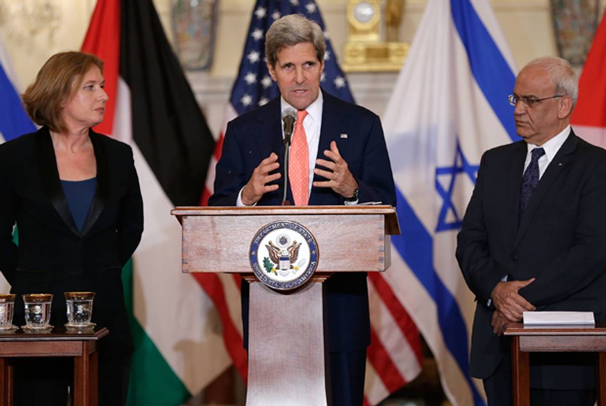 WASHINGTON, DC - JULY 30: U.S. Secretary of State John Kerry (C) makes a statement with Israeli Justice Minister Tzipi Livni (L) and Palestinian chief negotiator Saeb Erekat (R) during a press conference on the Middle East Peace Process Talks at the Department of State on July 30, 2013 in Washington, DC.(Win McNamee/Getty Images)