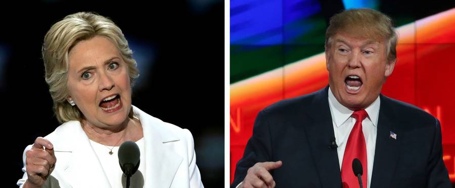 (L) Hillary Clinton delivers remarks during the fourth day of the Democratic National Convention in Philadelphia, Pennsylvania, July 28, 2016. (R) Donald Trump during the CNN Republican presidential debate  in Las Vegas, Nevada, December 15, 2015. 