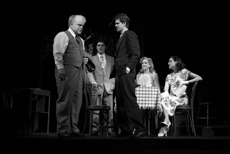 Left to right: Philip Seymour Hoffman, Finn Wittrock, Andrew Garfield, Elizabeth Morton, Stephanie Janssen in Death of a Salesman, directed by Mike Nichols.(Brigitte Lacombe)