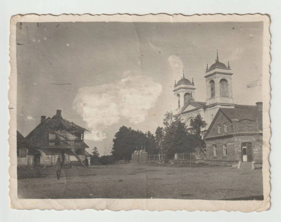 Czyzev’s town square, with the church in the background. This photo was given to the author in 1973 when he visited the town.