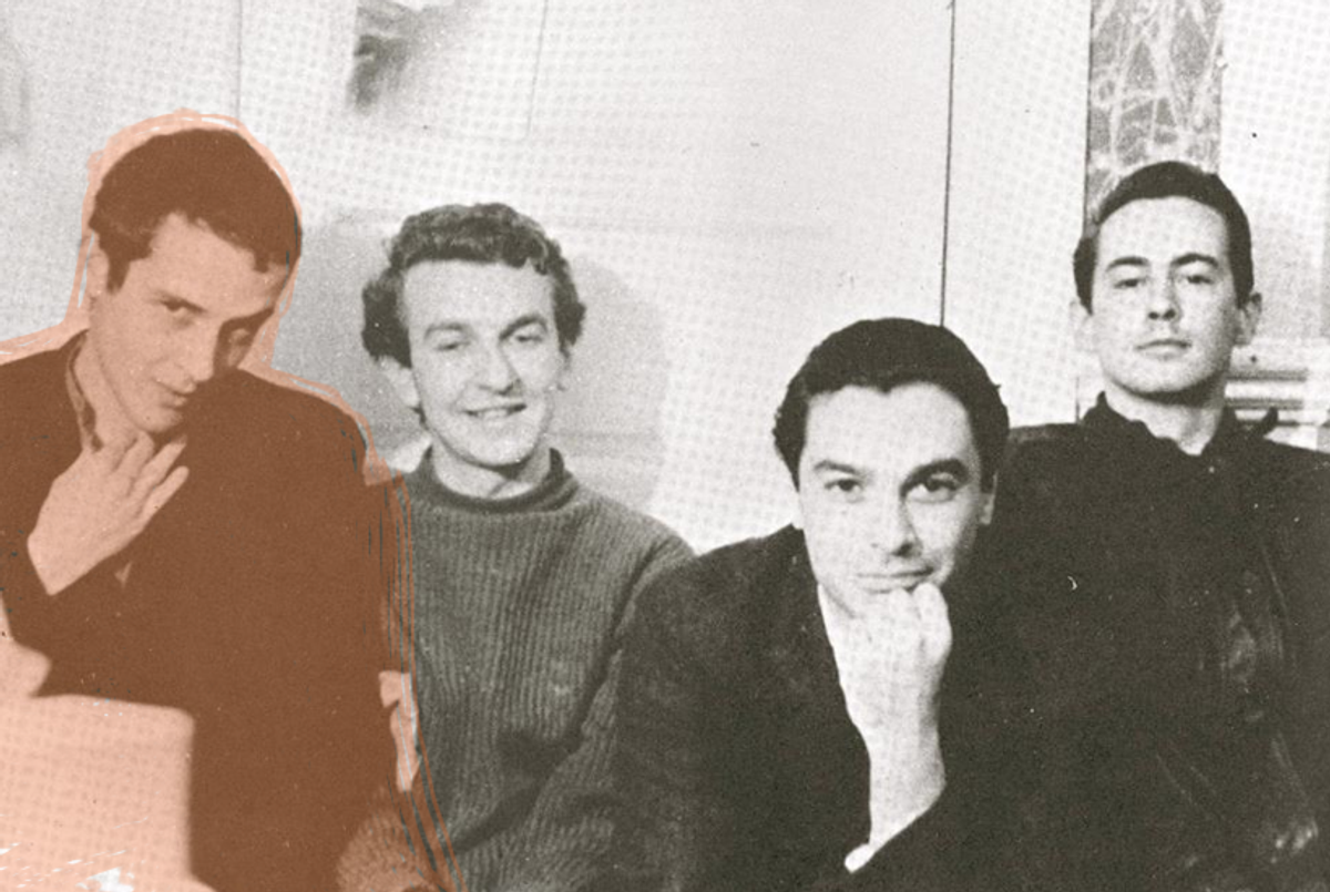 David Meltzer with fellow poets John Wieners, Philip Lamantia, and Michael McClure, North Beach, 1958. (Copyright ©1958 by Gui de Angulo. Reprinted by permission of City Lights Books.)