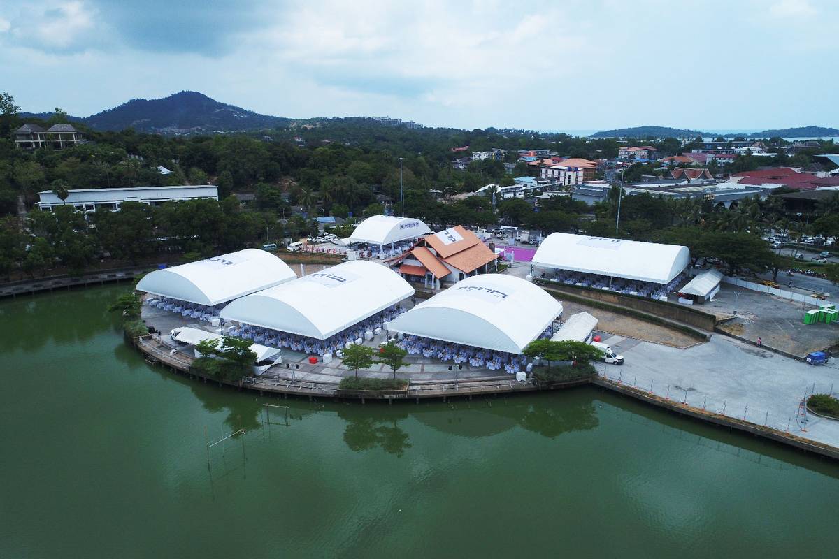 Huge tents, arranged to echo the layout of the Seder plate, are erected to accommodate the giant Seder hosted by a Chabad house in Thailand