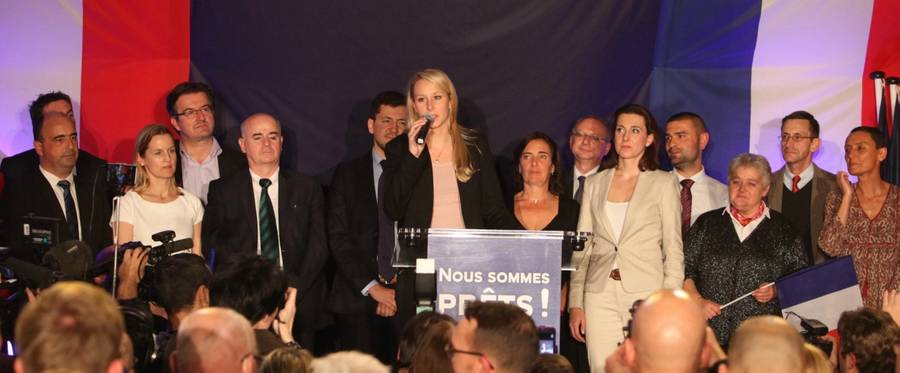 Marion Marechal Le Pen, vice-president of the French far-right Front National (FN) party and candidate for the regional elections in the Provence-Alpes-Cote d'Azur (PACA) region, speaks to supporters after the announcement of the results on December 6, 2015 in Avignon, France.