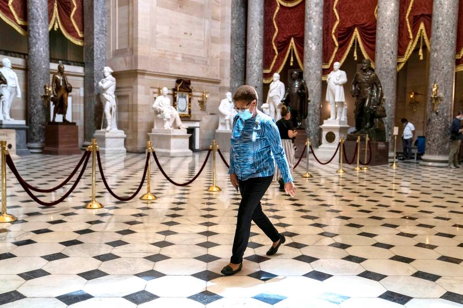 Rep. Karen Bass (D-CA) walks through the Statuary Hall of the U.S. Capitol on July 20, 2020 in Washington, DC.