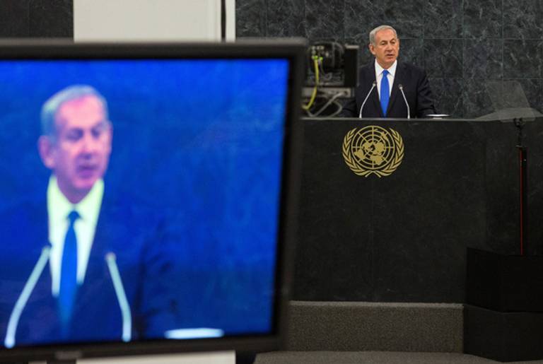  Israeli Prime Minister Benjamin Netanyahu speaks at the 68th United Nations General Assembly on October 1, 2013 in New York City. (Andrew Burton/Getty Images)
