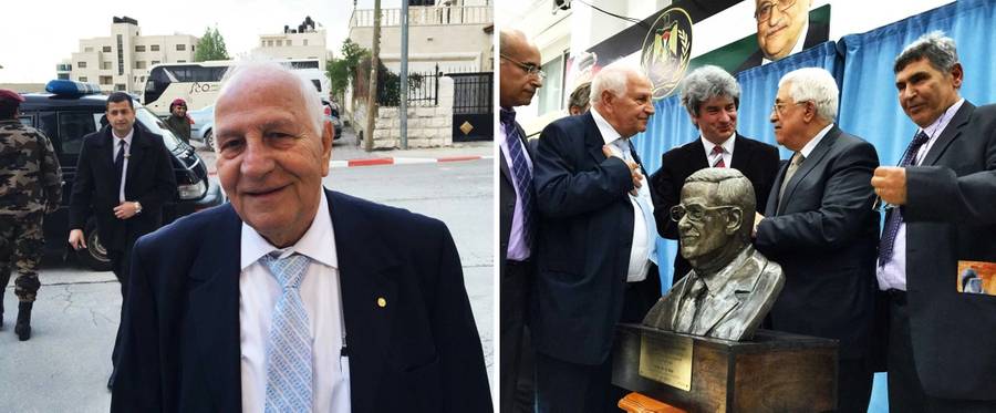 (L-R) Sam Ben Shitrit, chairman of the World Federation of Moroccan Jewry and part of the delegation to Ramallah; President Mahmoud Abbas receives a bronze bust as a gift from the visiting delegation.