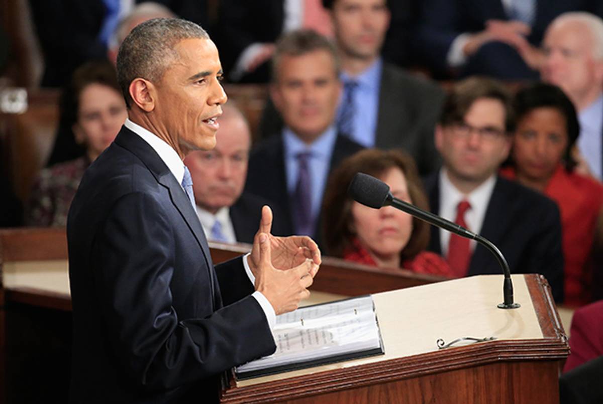 President Barack Obama delivers his State of the Union speech before members of Congress in the House chamber of the U.S. Capitol January 20, 2015 in Washington, DC. (Rob Carr/Getty Images)