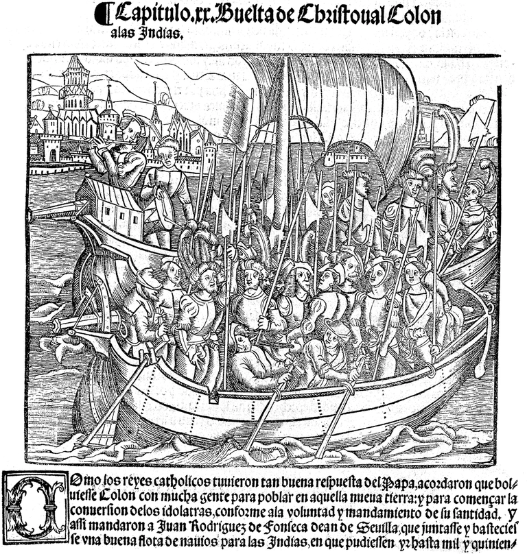 The return of Christopher Columbus from India, illustration from 'General History of the Indies,' by Francisco Lopez de Gomara (1554), Antilles, 16th century. Note the words ‘los reyes catolicos,’ which Ha-Kohen censored in his translation, opting instead to use ‘monarchs,’ ‘rulers,’ or just ‘kings.’ 