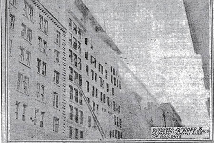Rendering of the building, from which 50 women jumped to their deaths.(Wikipedia.)