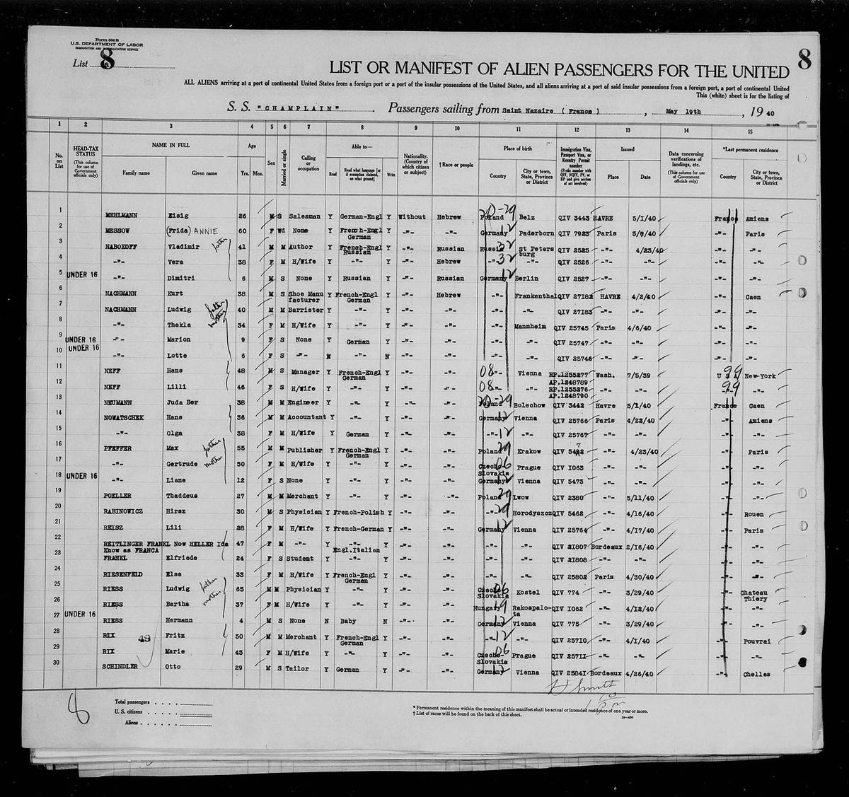 List 8 of the manifest of the S.S. Champlain, May 19, 1940