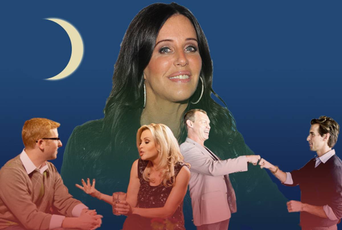 Patti Stanger and contestants on Millionaire Matchmaker.(Collage: Tablet Magazine; Stanger: Angela Weiss/Getty Images for Pantages Theatre; couples: Isabella Vosmikova/Bravo and Nicole Wilder/Bravo)