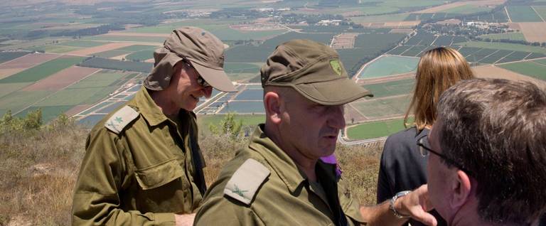 Deputy Chief of Staff Maj. Gen. Yair Golan stands to the left of Commander Moni Katz and Defense Secretary Ash Carter, as they view the Hula Valley from the Hussein Lookout in northern Israel along the boarder with Lebanon July 20, 2015 near Kiryat Shmona, Israel. 