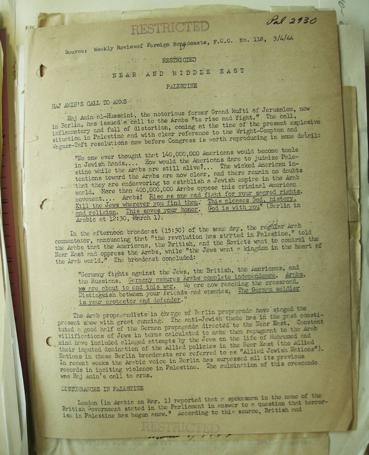 Transcript of a broadcast made by Amin al-Husseini on March 1, 1944