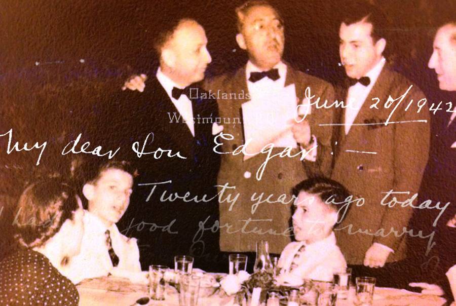 Edgar Bronfman’s bar mitzvah in 1942, with a letter from his father, Sam Bronfman.(Photo treatment Tablet Magazine; original photo and letter courtesy of the Samuel Bronfman Foundation.)