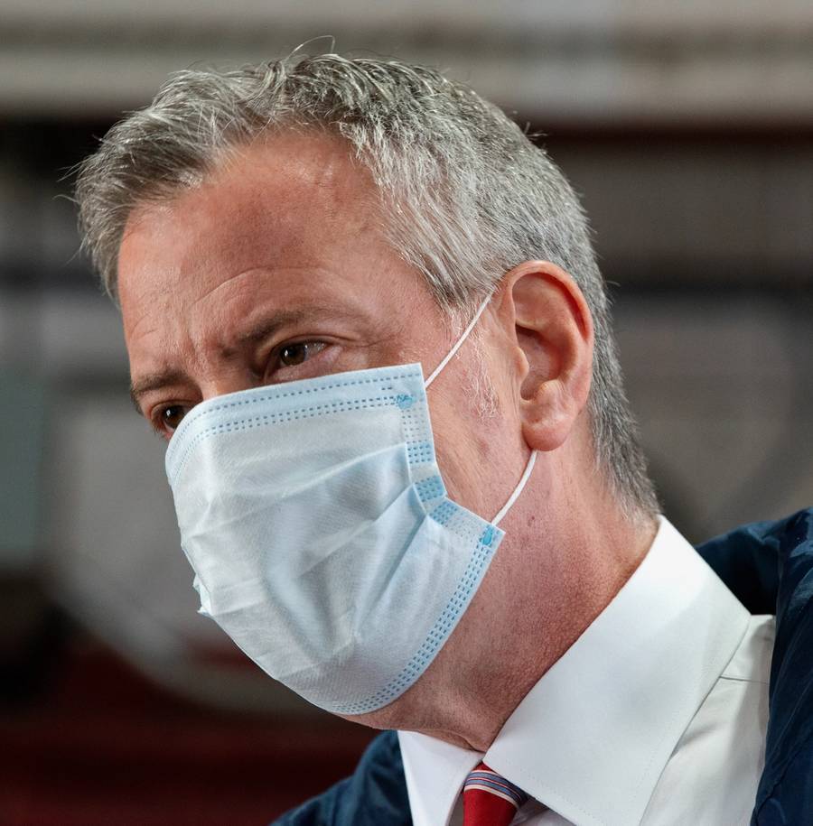 New York City Mayor Bill DeBlasio speaks to firefighters following the donation of meals on International Firefighters Day on May 4, 2020 in New York City. 
